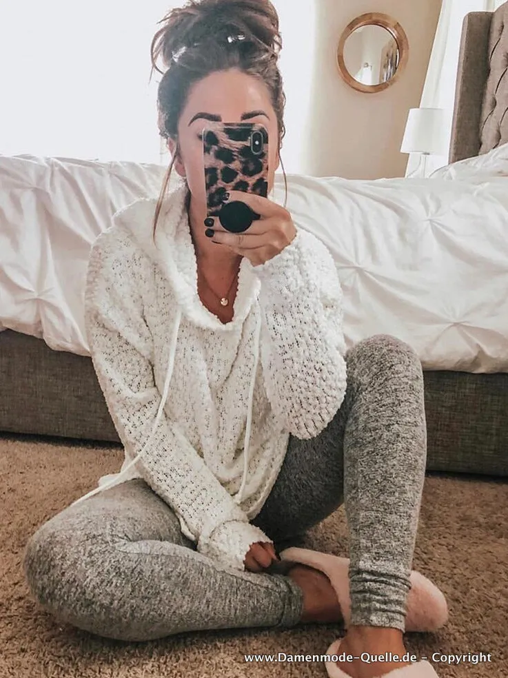 Damen Strickpullover Hoodie in Weiß Leger